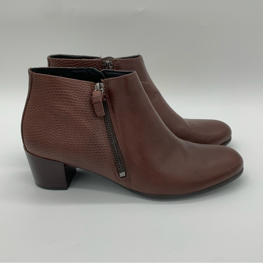 Ecco Brown Ankle Boots with Side Zipper and Block Heel